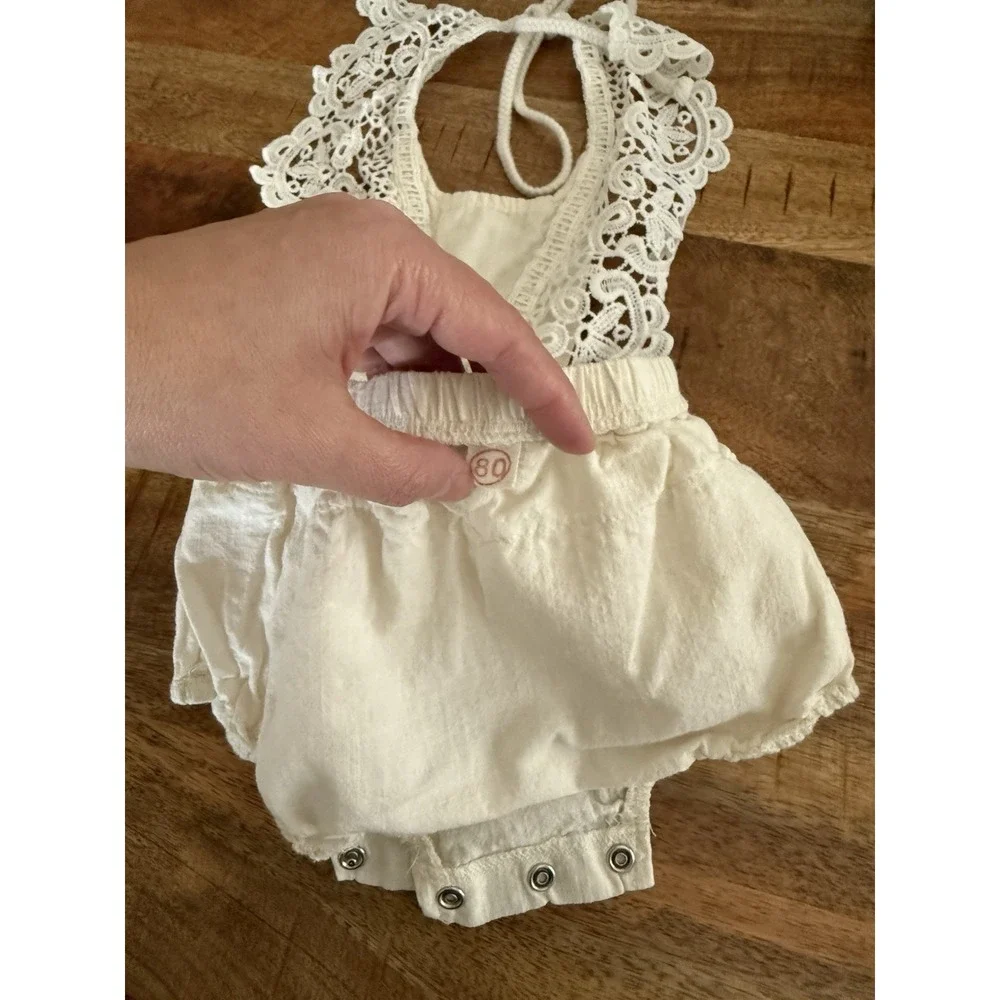 Baby Girl Boho Lace Romper Ivory Bubble Outfit Size 80 12‎ Months Photography